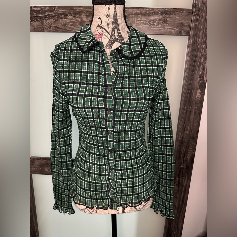 Free People Green Plaid Blouse